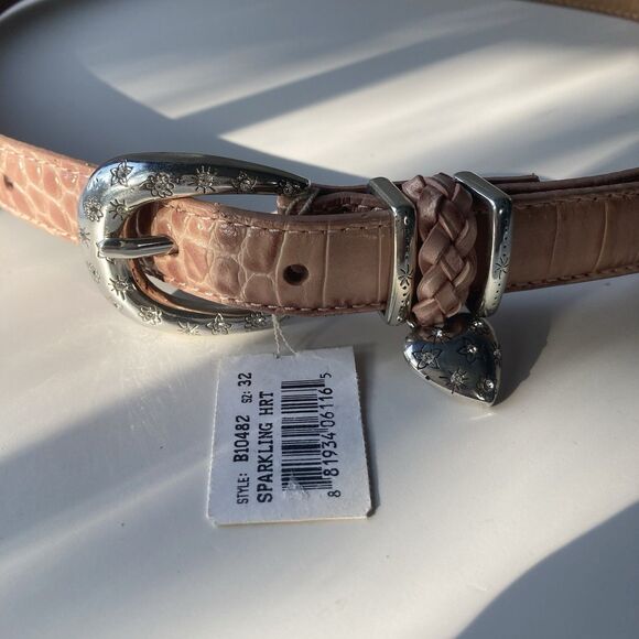 NEW Brighton Women’s Pink Croc Leather Belt ML 32 Sparkling Heart B10482 VTG - Picture 4 of 16